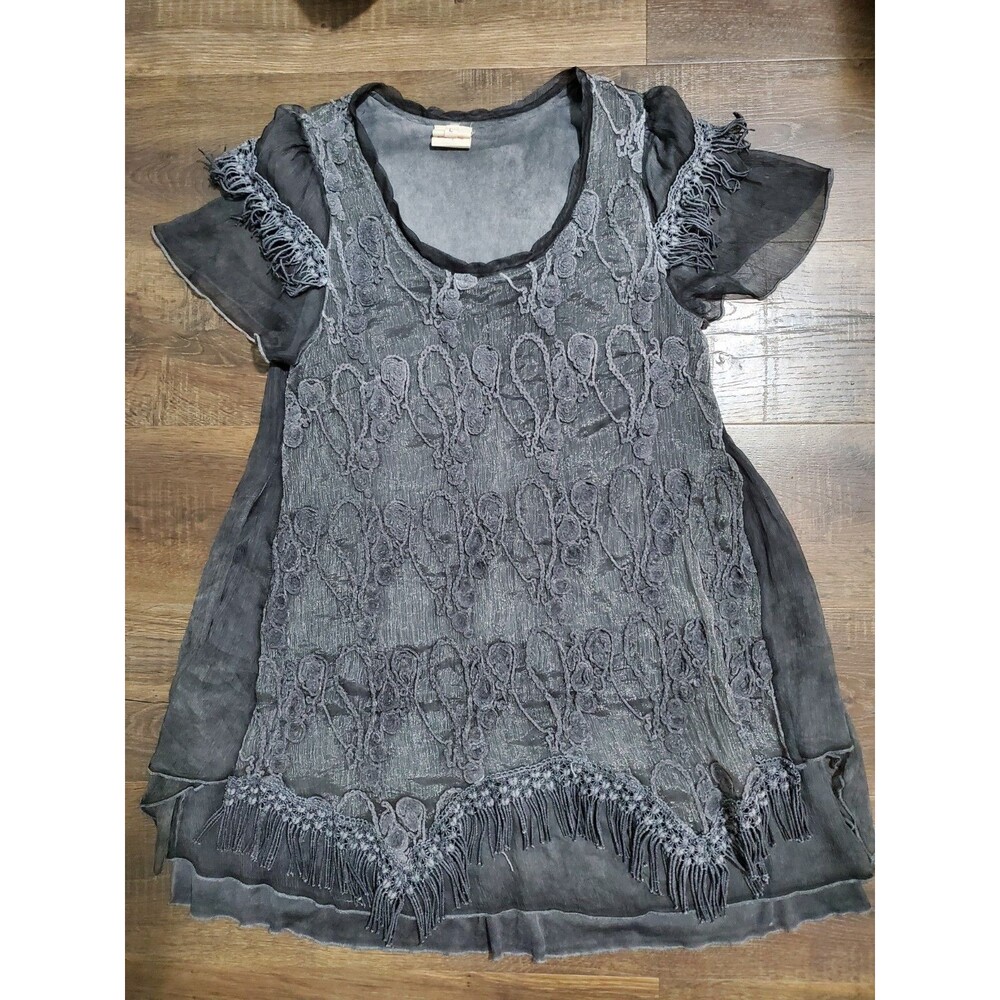 Pretty Angel Dress Large Gray Fringe Boho Lagenlook Tunic Silk Blend